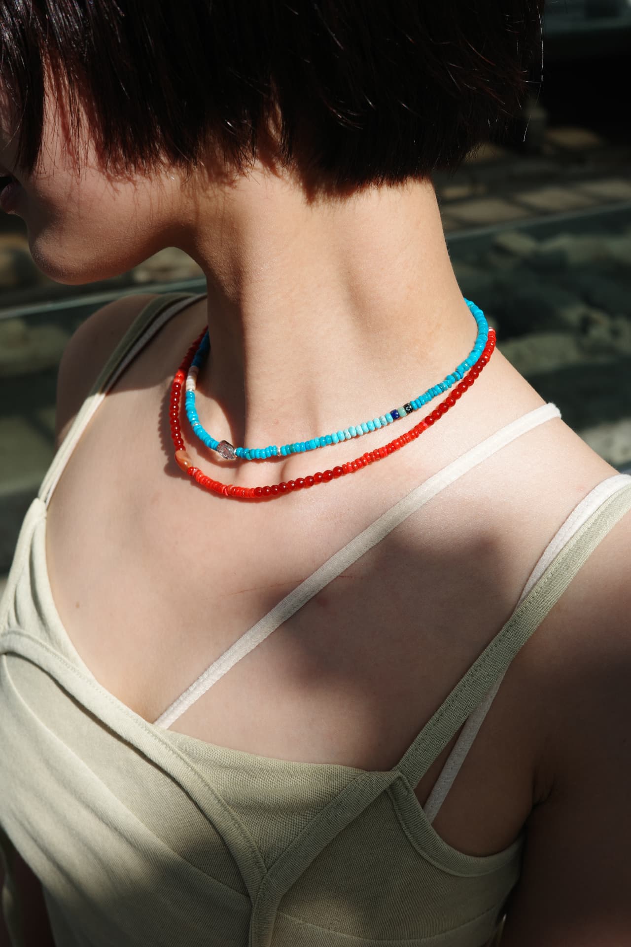 Beaded necklaces, coral and turquoise